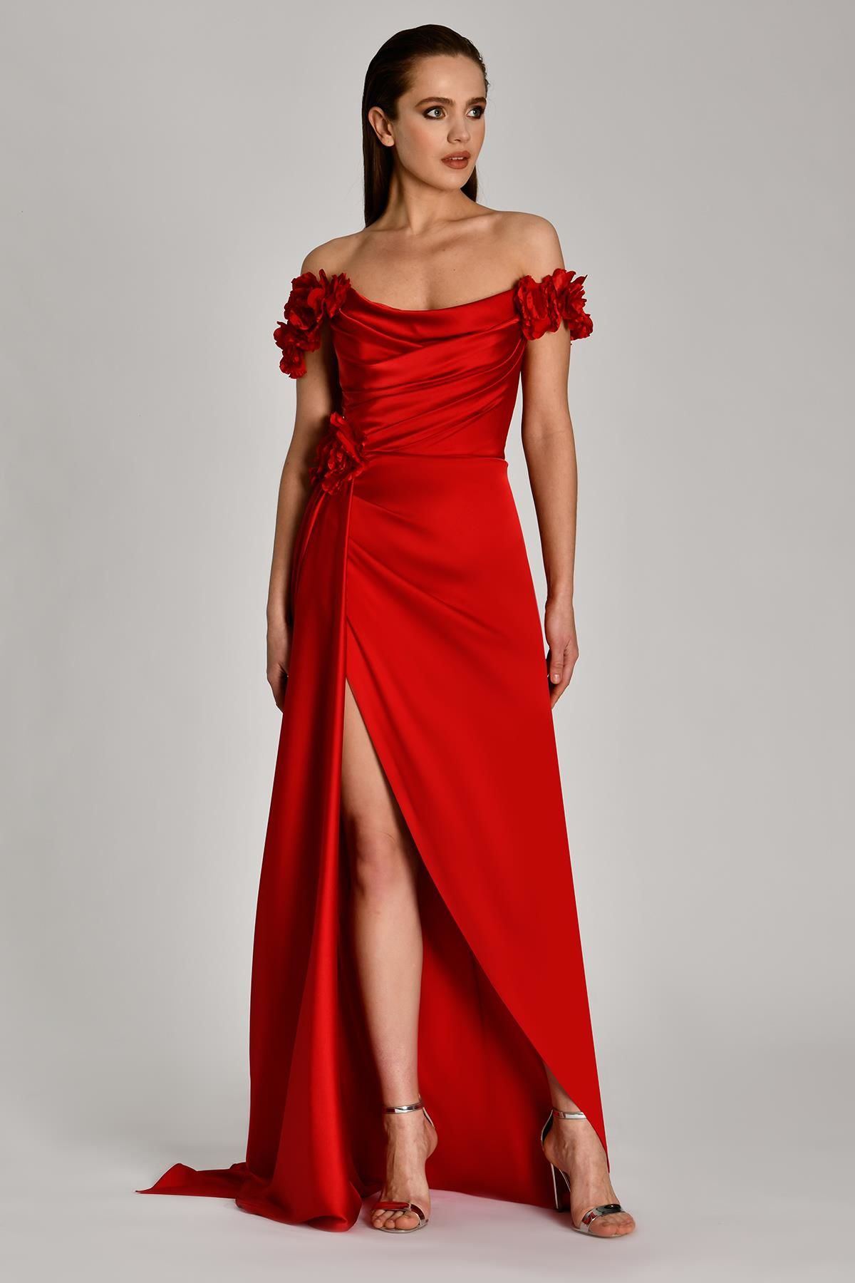 Off Shoulder Front Slit and Train Satin Long Dress