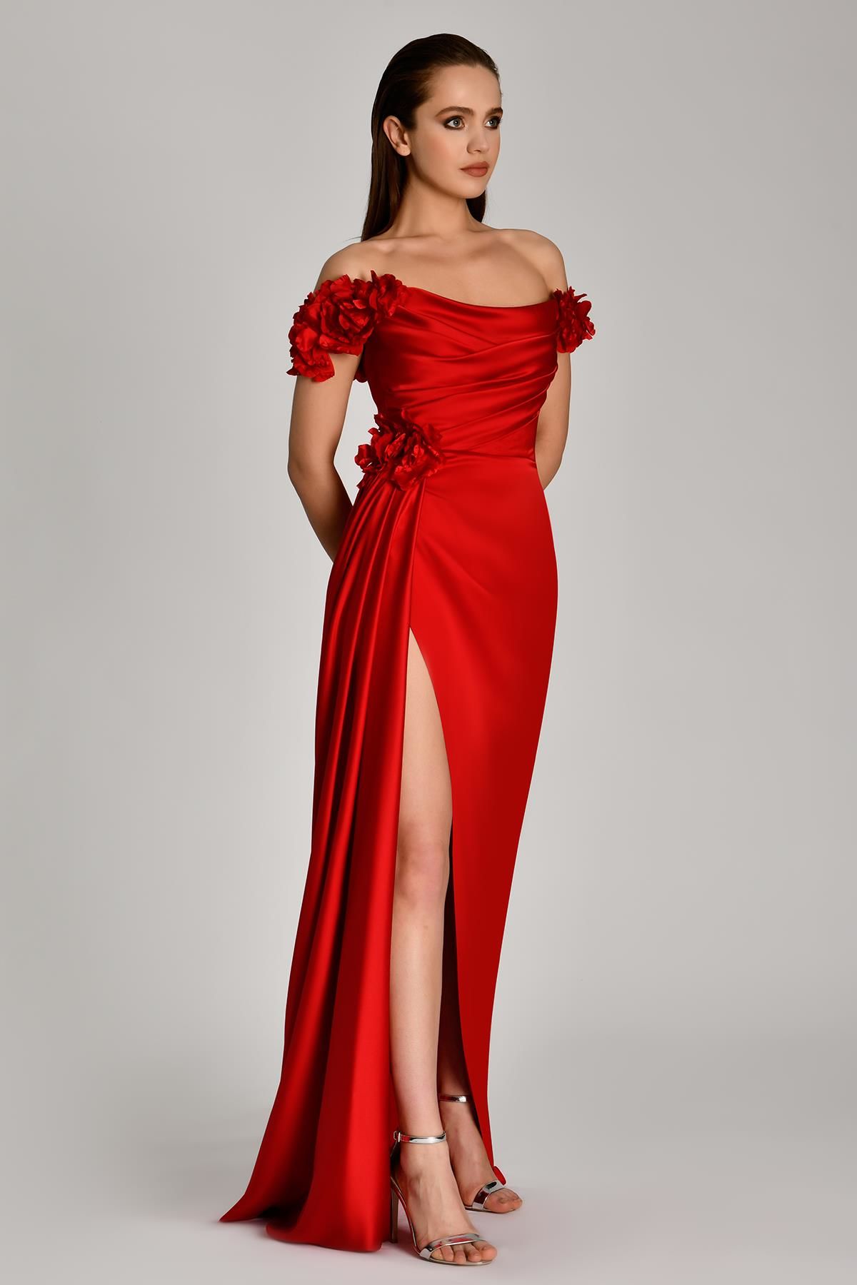 Off Shoulder Front Slit and Train Satin Long Dress