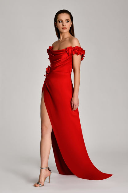 Off Shoulder Front Slit and Train Satin Long Dress