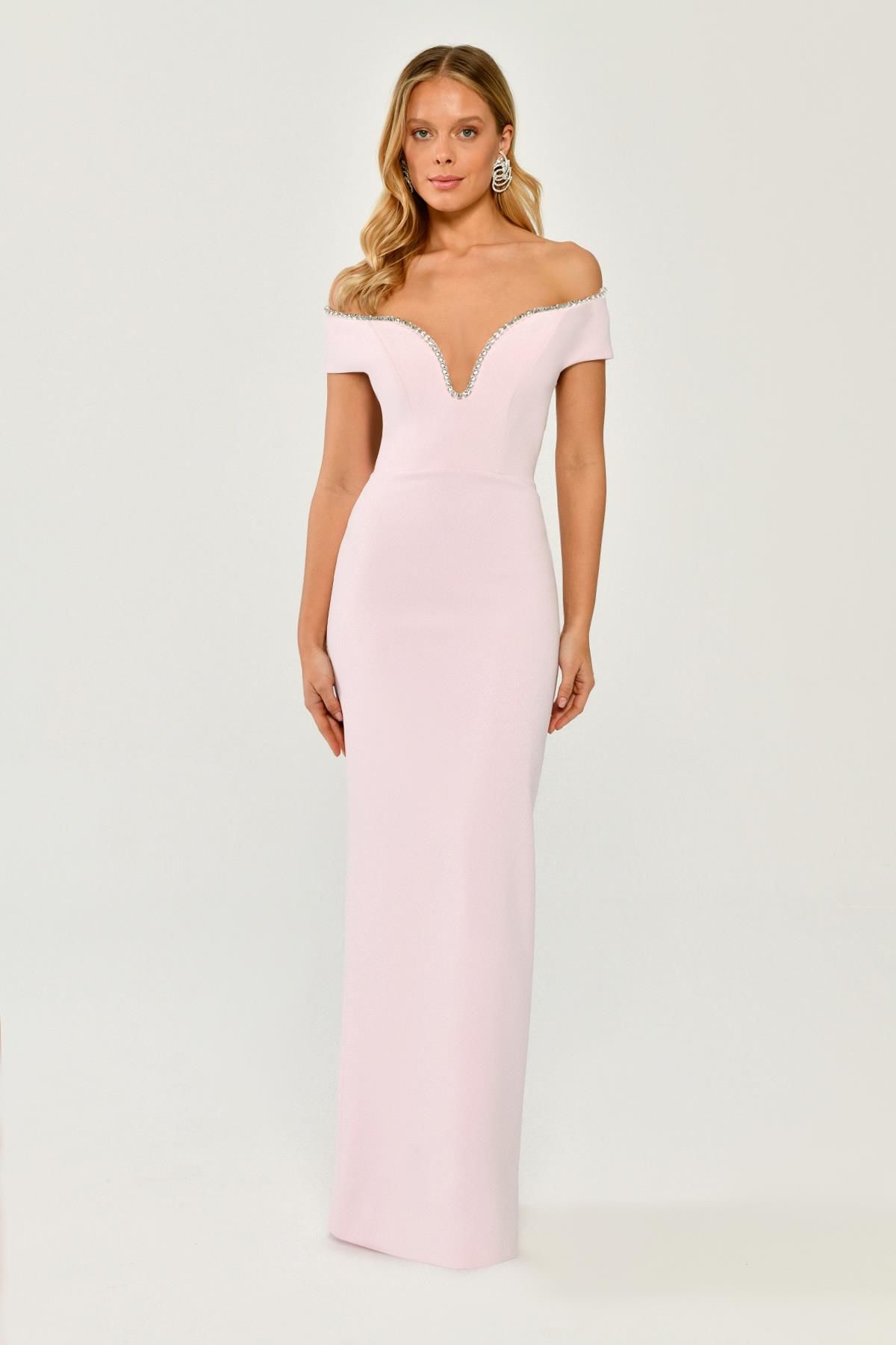 Off Shoulder Crepe Long Dress with Stone Ribbon Accessories