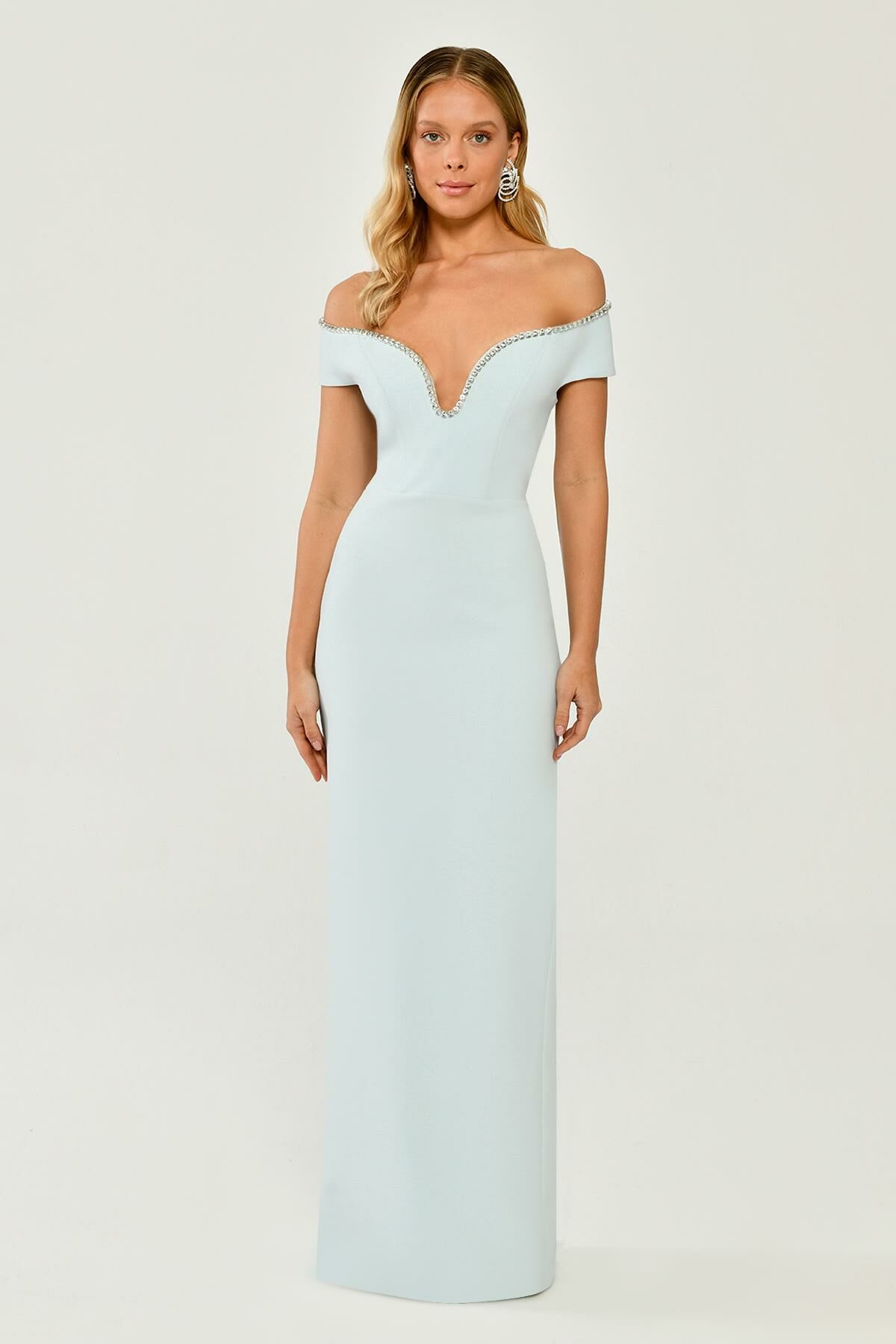 Off Shoulder Crepe Long Dress with Stone Ribbon Accessories