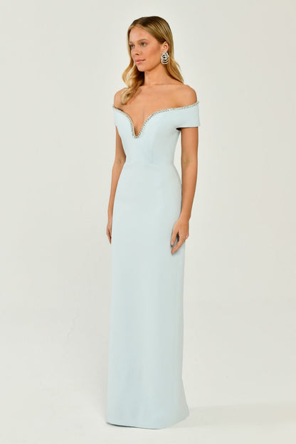 Off Shoulder Crepe Long Dress with Stone Ribbon Accessories