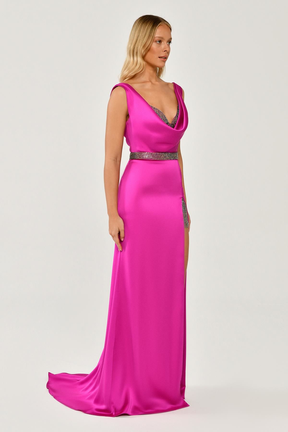 Plunging Neck, Stone Bra, Side Slit Satin Long Dress