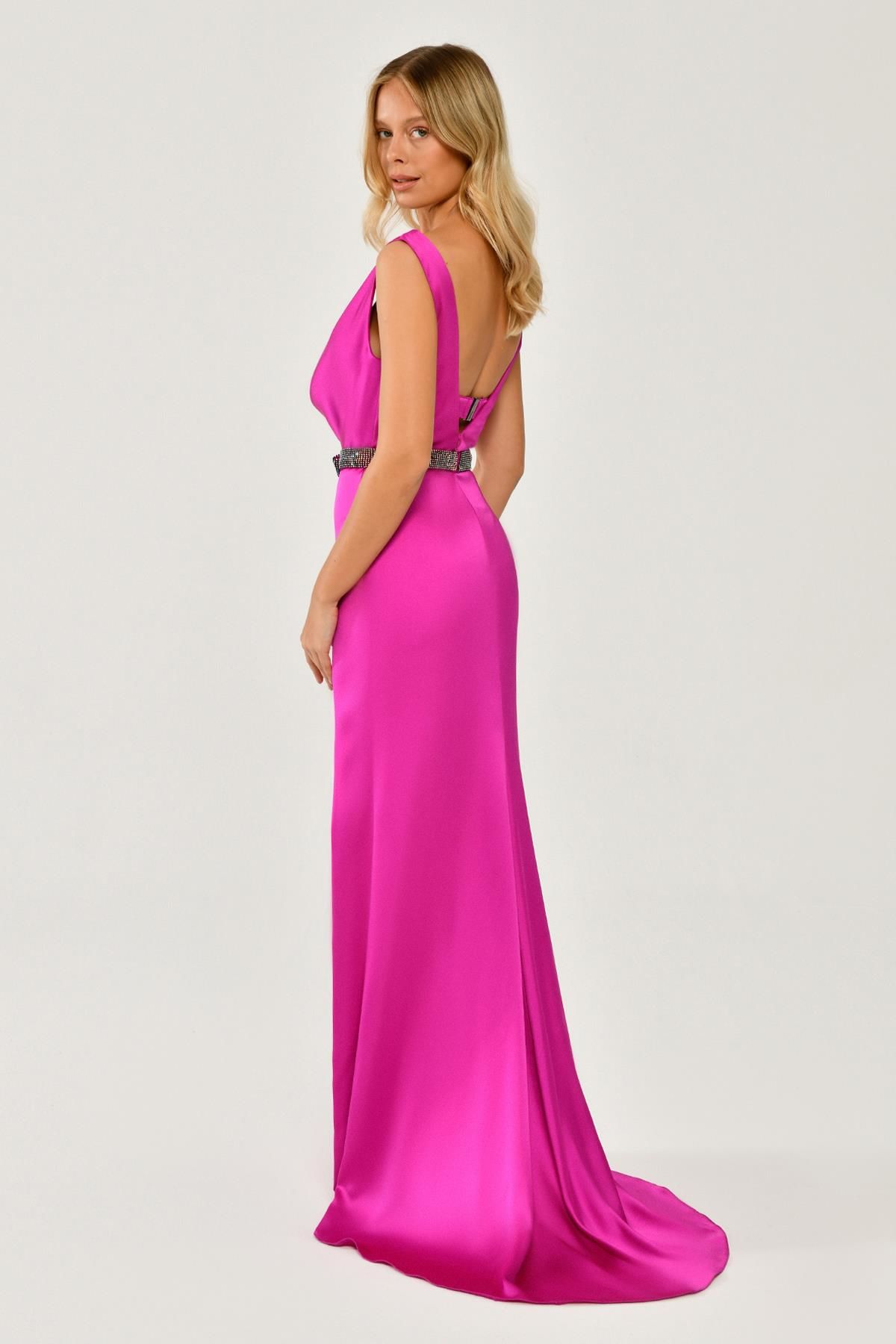 Plunging Neck, Stone Bra, Side Slit Satin Long Dress