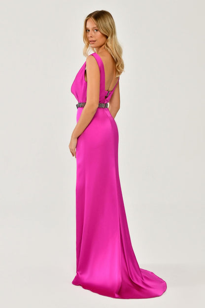 Plunging Neck, Stone Bra, Side Slit Satin Long Dress