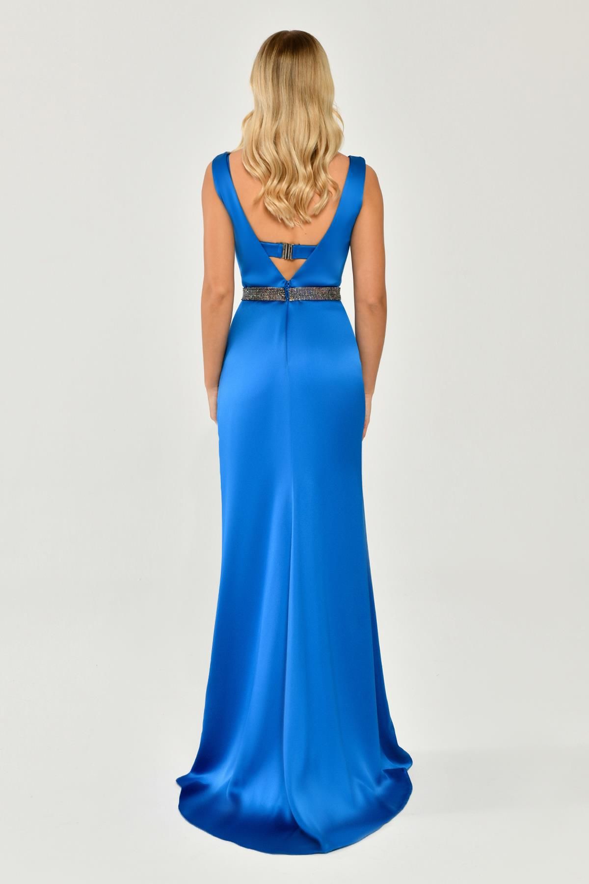 Plunging Neck, Stone Bra, Side Slit Satin Long Dress