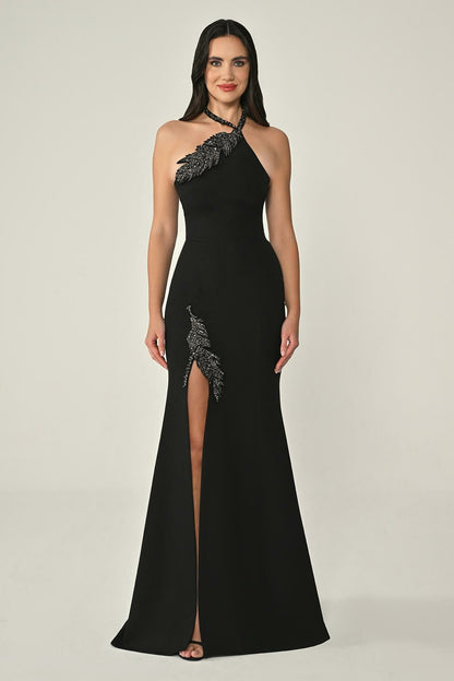 Halter Neck Leaf Embroidered Crepe Long Dress - Aurora Fashion