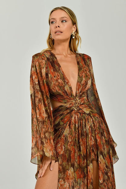 Long Sleeve Deep V - Neck Chiffon Long Dress with Brooch - Aurora Fashion