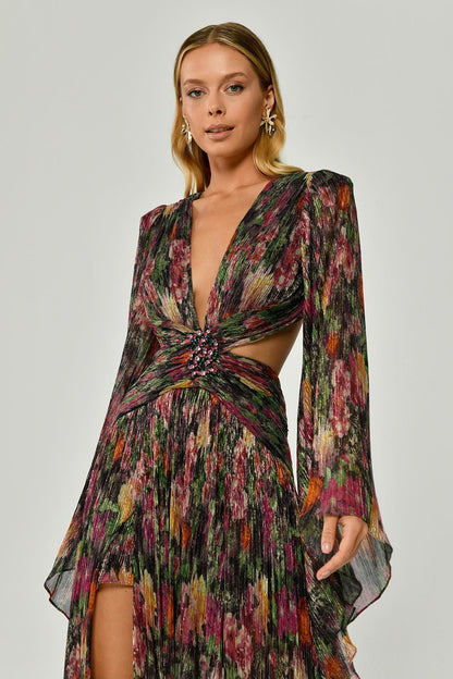 Long Sleeve Deep V - Neck Chiffon Long Dress with Brooch - Aurora Fashion