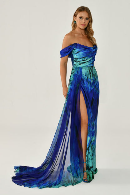 Off Shoulder Front Slit Patterned Satin Long Dress - Aurora Fashion