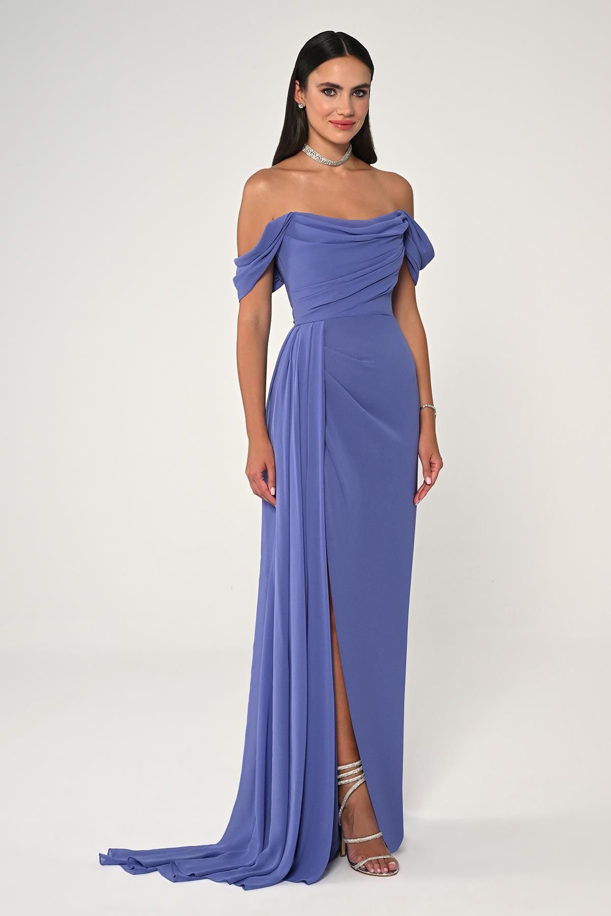 Off Shoulder Side Slit Chiffon Long Dress - Aurora Fashion