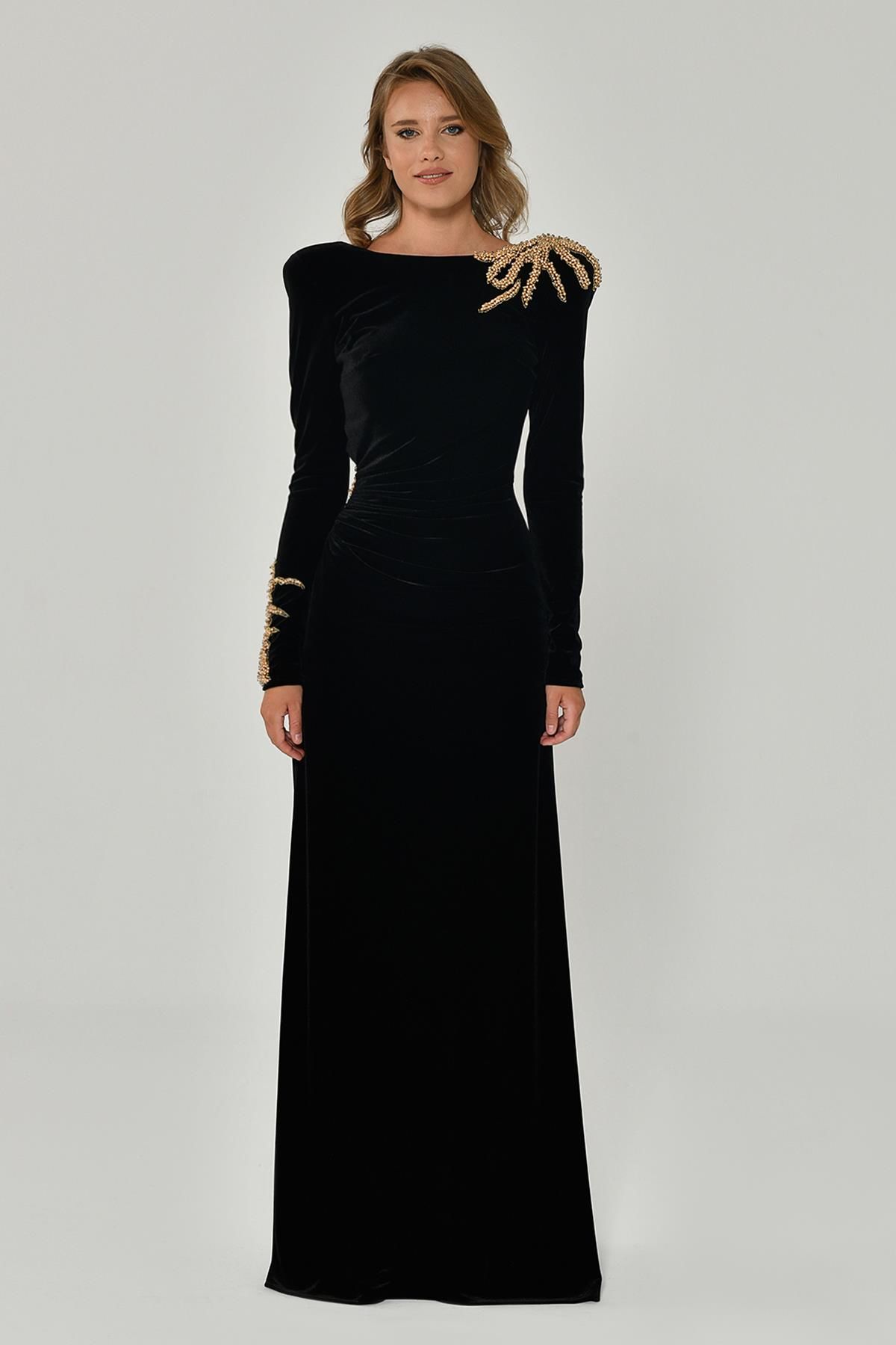 Velvet Long Dress with Padded Shoulders, Sleeves and Slits with Shoulder Accessories