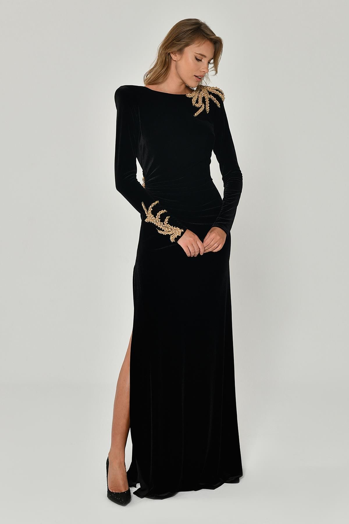 Velvet Long Dress with Padded Shoulders, Sleeves and Slits with Shoulder Accessories