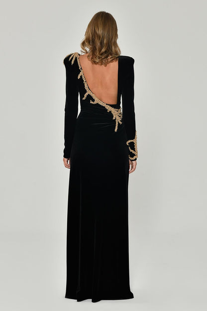 Velvet Long Dress with Padded Shoulders, Sleeves and Slits with Shoulder Accessories