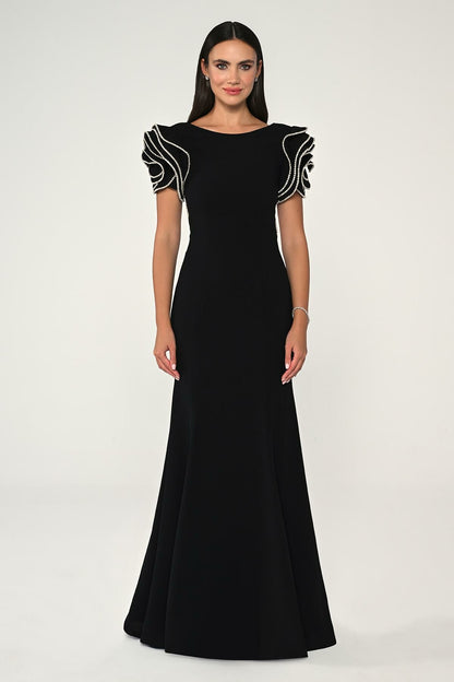 A-Line Crepe Long Dress with Stones on the Shoulder