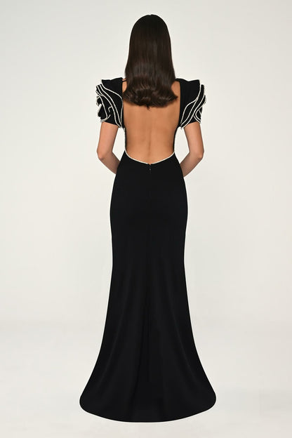 A-Line Crepe Long Dress with Stones on the Shoulder