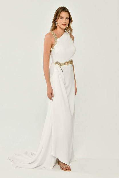 One Shoulder and Waist Accessory Crepe Long Dress - Aurora Fashion