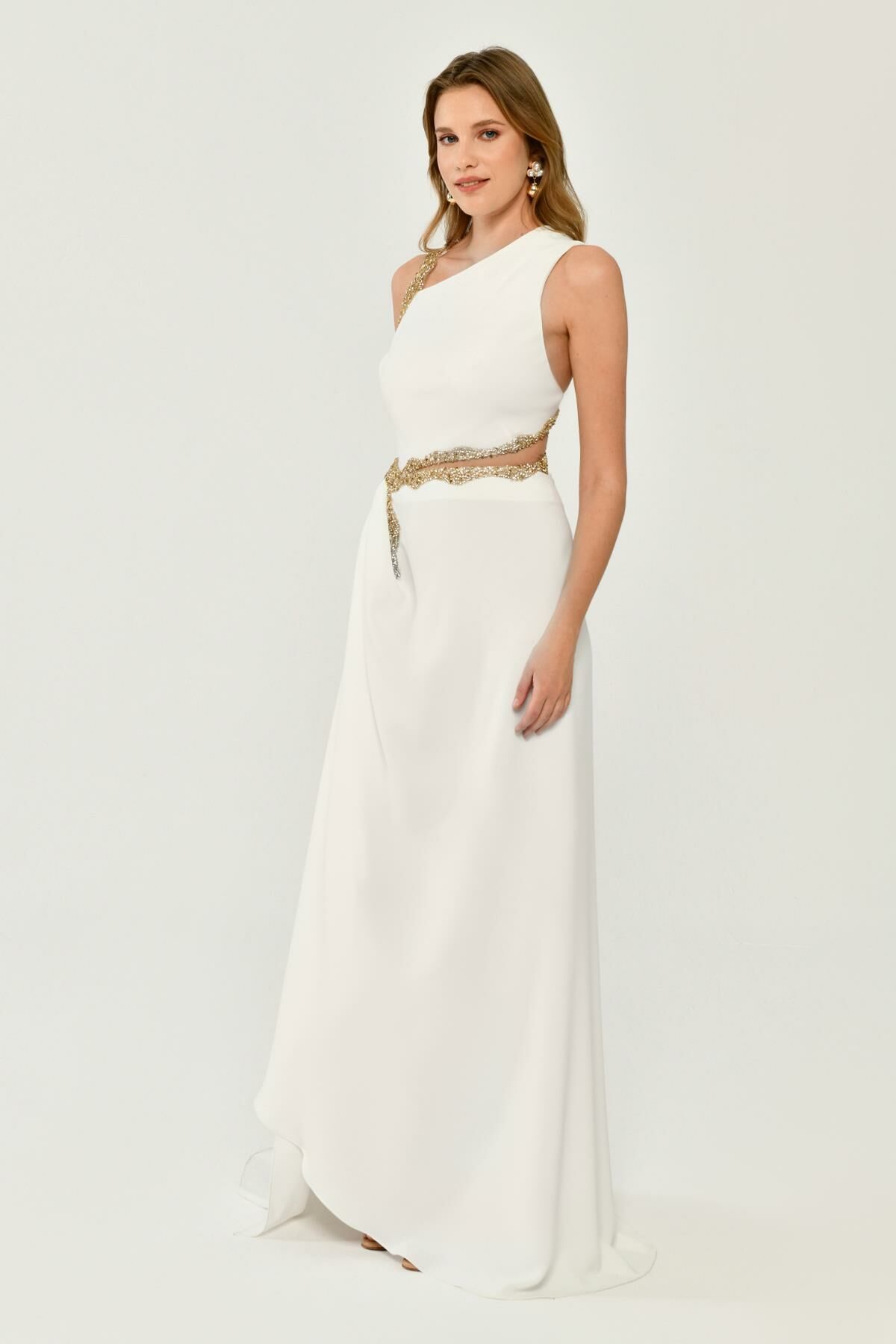 One Shoulder and Waist Accessory Crepe Long Dress - Aurora Fashion