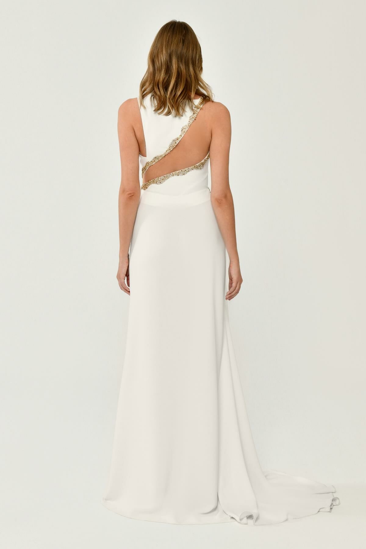 One Shoulder and Waist Accessory Crepe Long Dress - Aurora Fashion