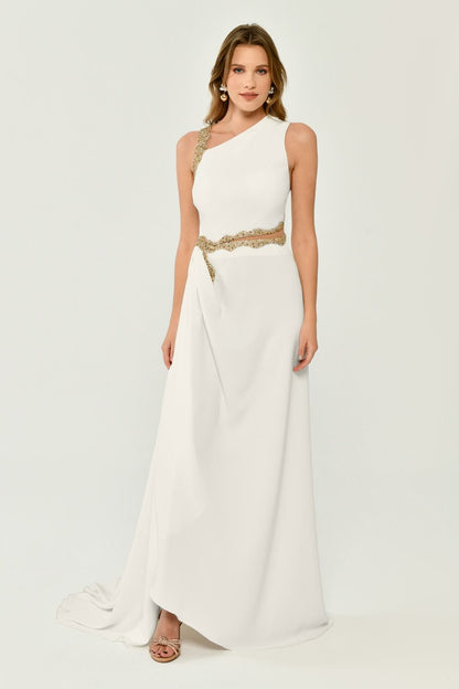 One Shoulder and Waist Accessory Crepe Long Dress - Aurora Fashion