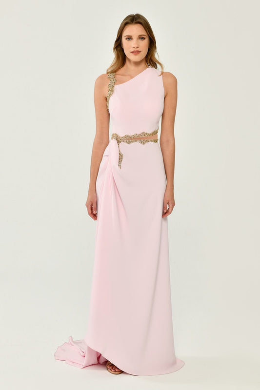 One Shoulder and Waist Accessory Crepe Long Dress - Aurora Fashion