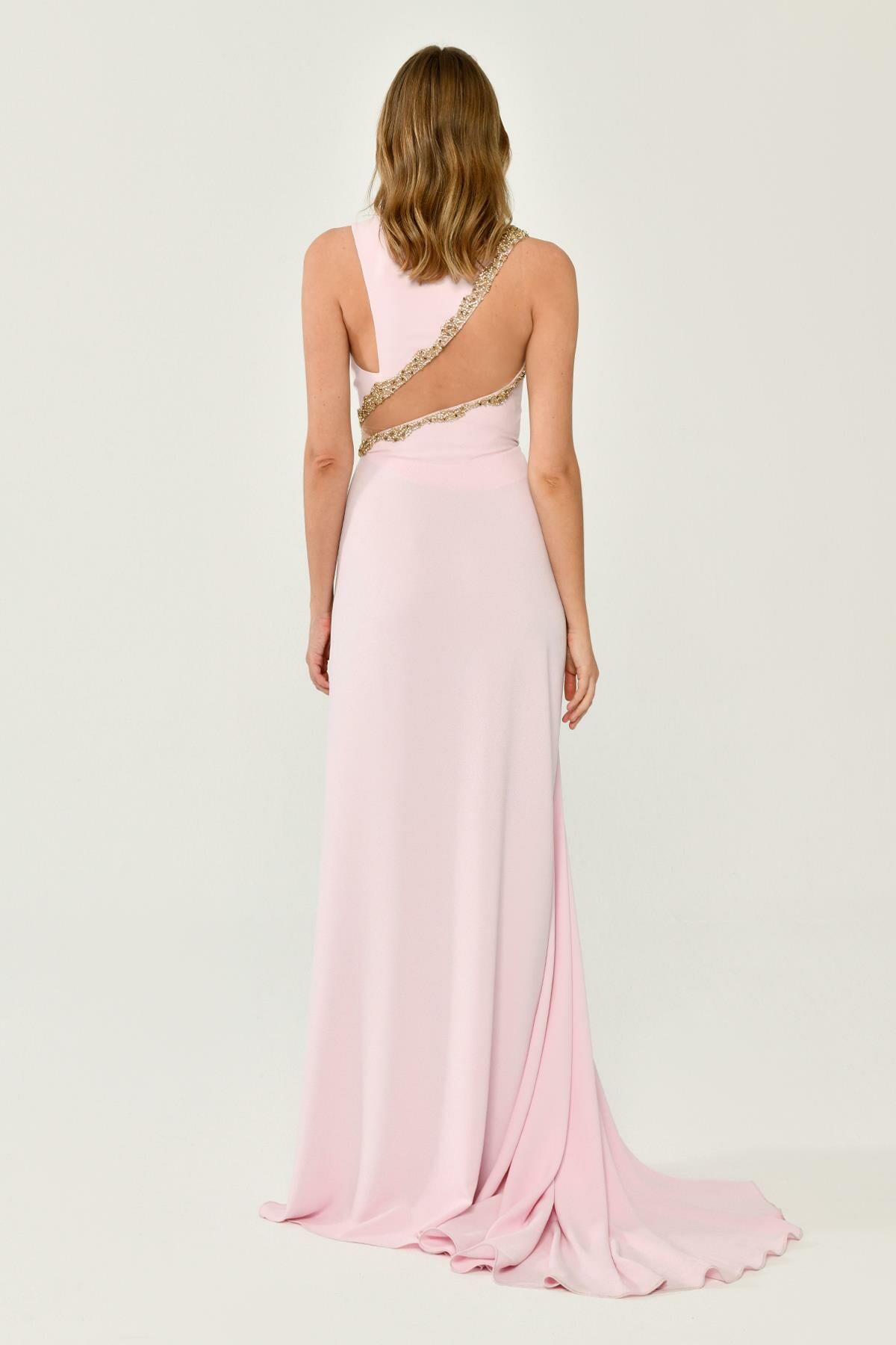 One Shoulder and Waist Accessory Crepe Long Dress - Aurora Fashion