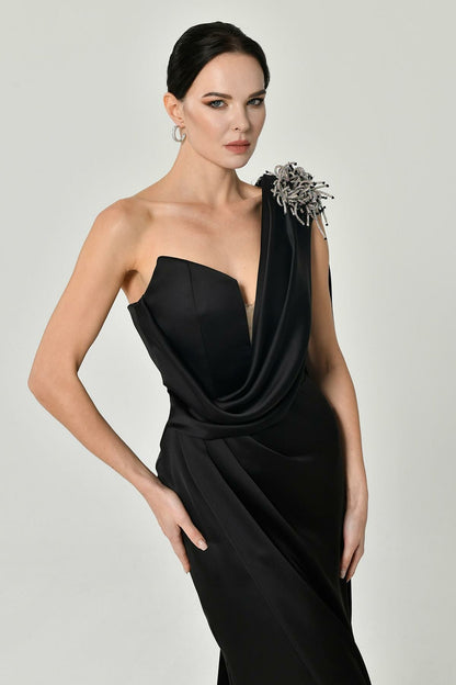 One Shoulder Brooch Long Satin Dress - Aurora Fashion