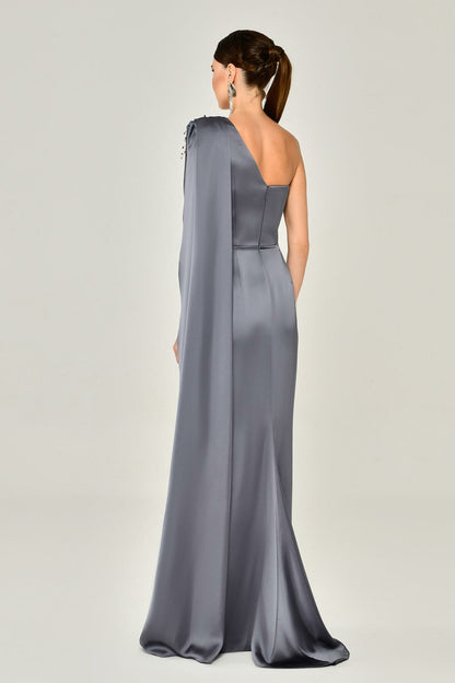 One Shoulder Brooch Long Satin Dress - Aurora Fashion