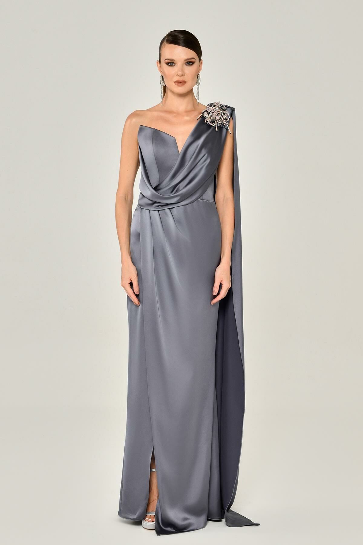 One Shoulder Brooch Long Satin Dress - Aurora Fashion