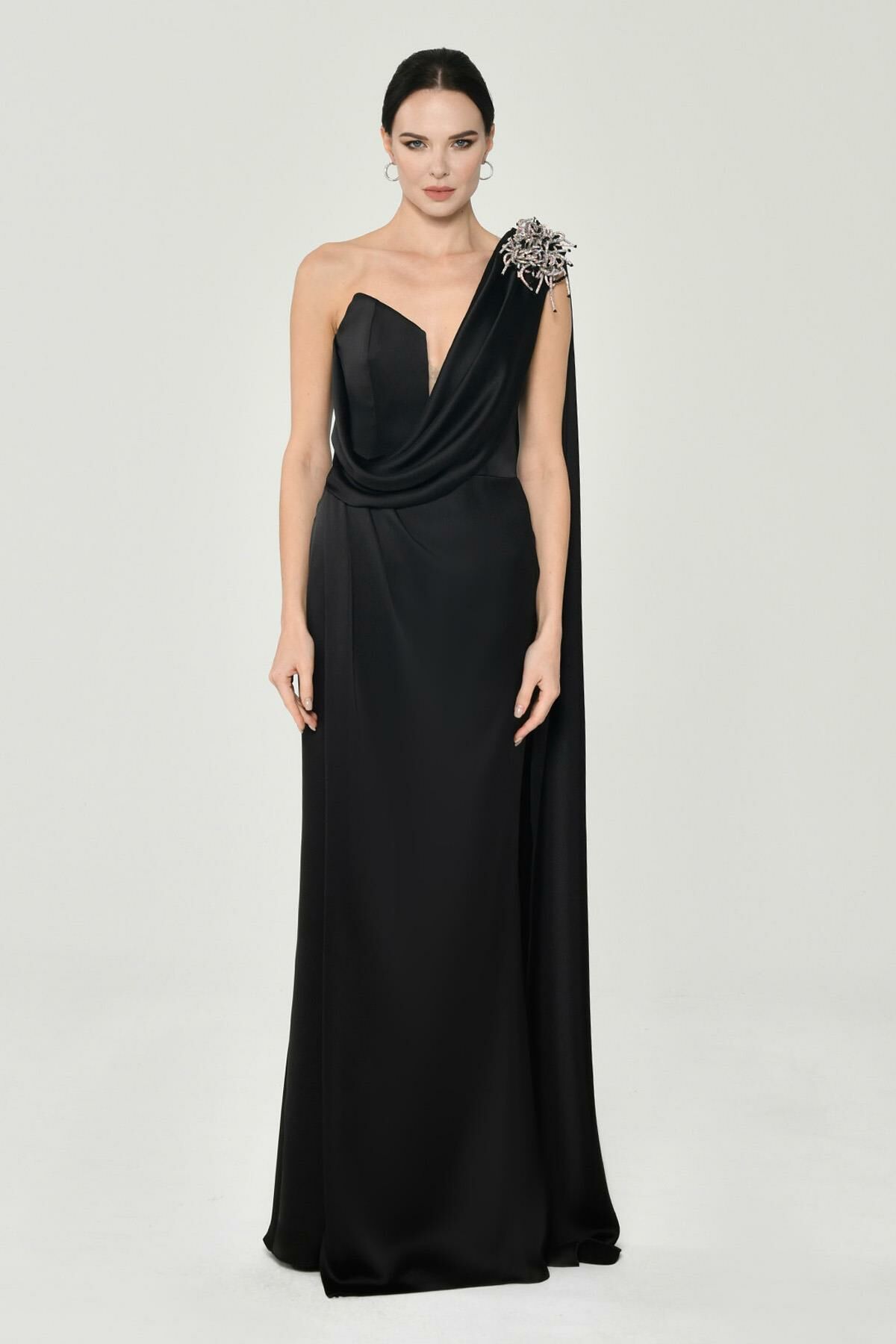 One Shoulder Brooch Long Satin Dress – Aurora Fashion