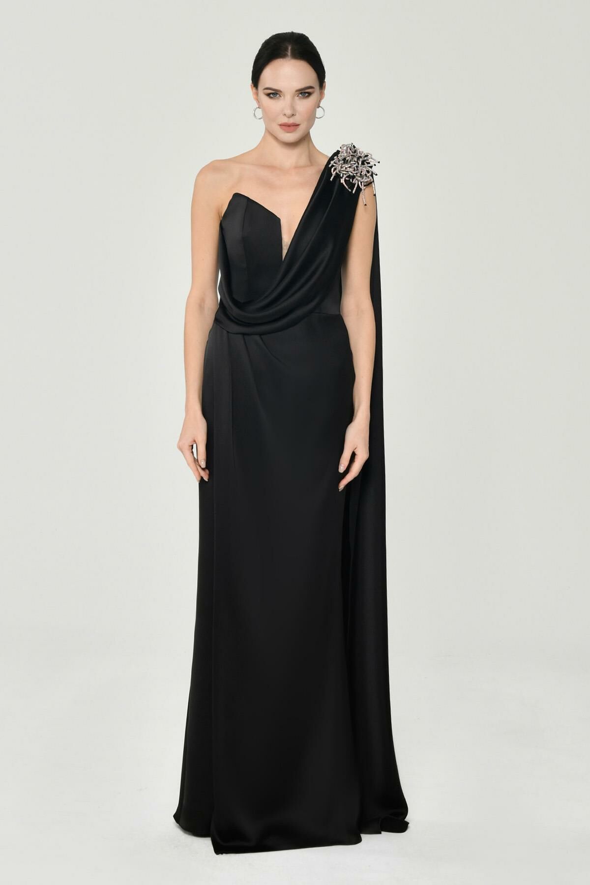 One Shoulder Brooch Long Satin Dress - Aurora Fashion