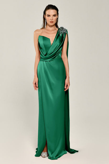 One Shoulder Brooch Long Satin Dress - Aurora Fashion