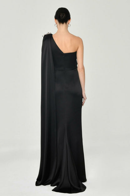 One Shoulder Brooch Long Satin Dress - Aurora Fashion