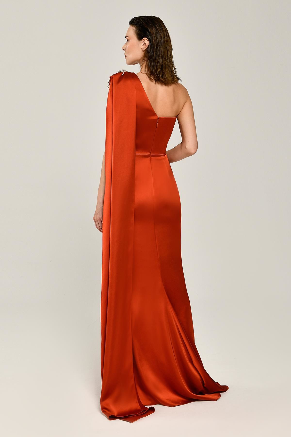 One Shoulder Brooch Long Satin Dress - Aurora Fashion