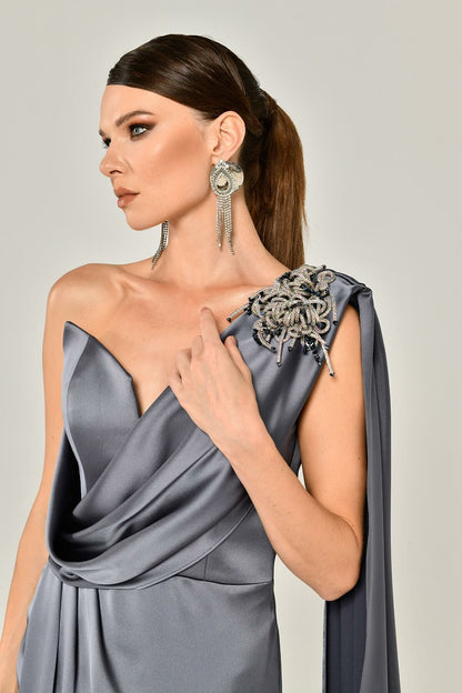 One Shoulder Brooch Long Satin Dress - Aurora Fashion