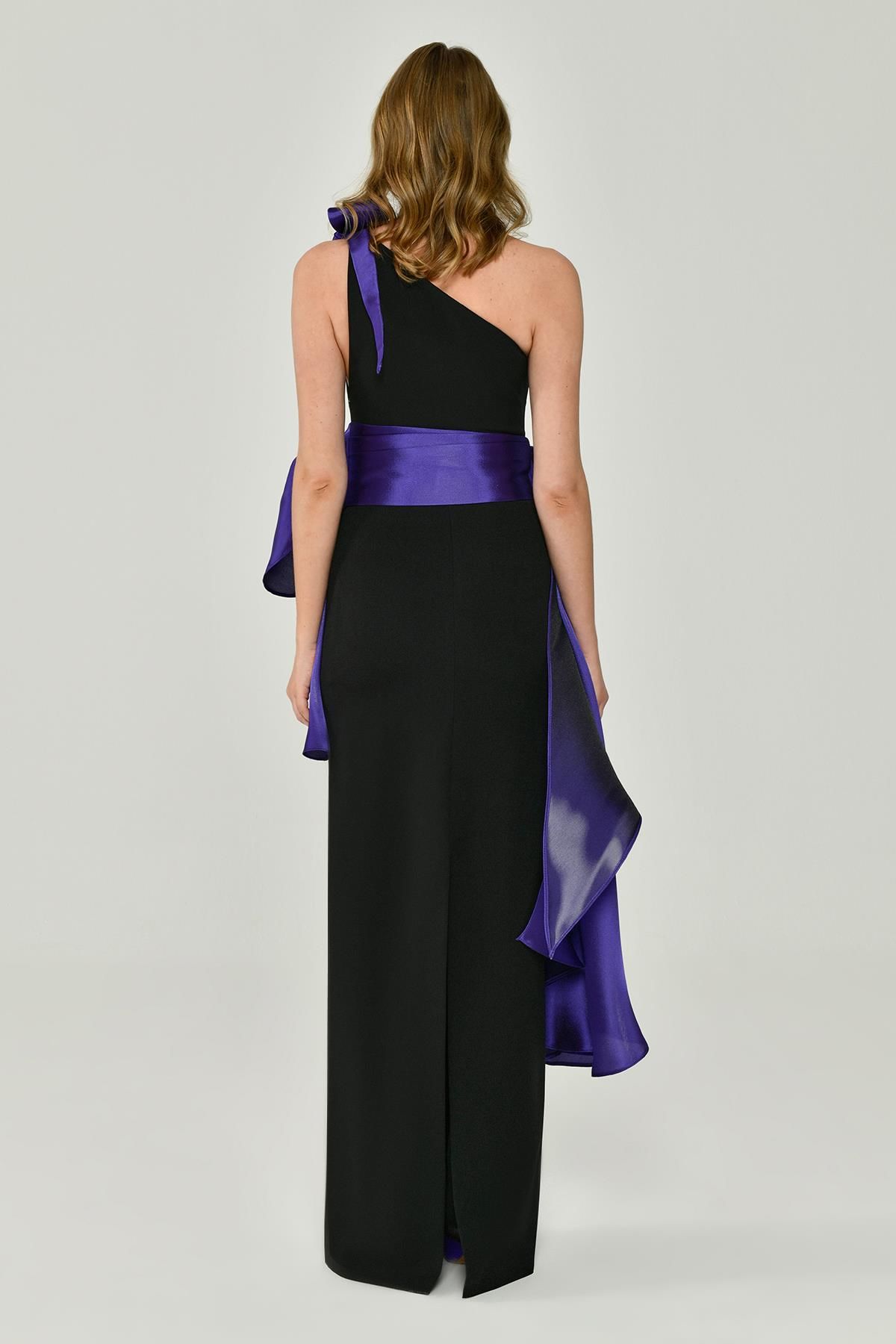 One Shoulder Flounce Long Dress with Shiny Fabric Accessories BLACK / PURPLE - Aurora Fashion