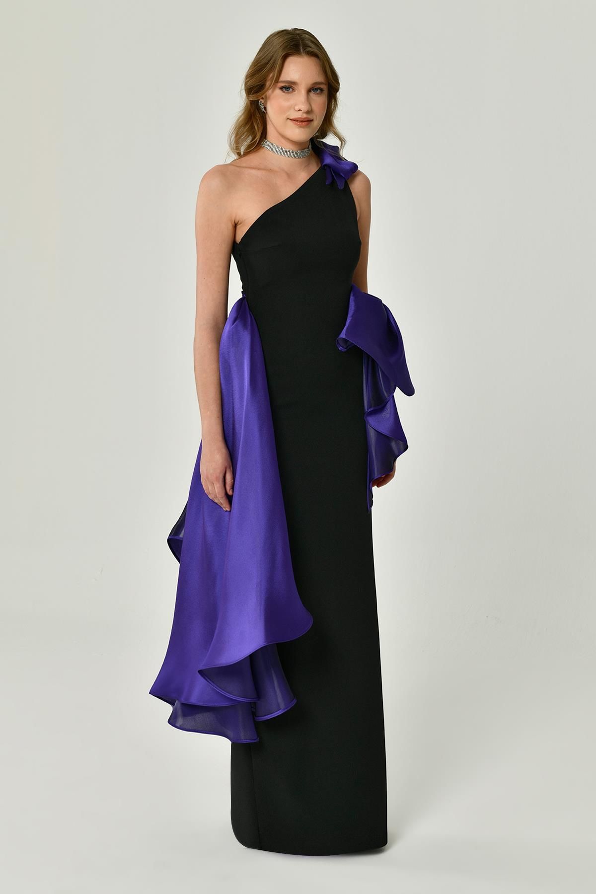 One Shoulder Flounce Long Dress with Shiny Fabric Accessories BLACK / PURPLE - Aurora Fashion