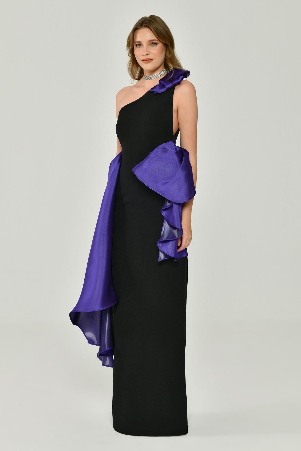 One Shoulder Flounce Long Dress with Shiny Fabric Accessories BLACK / PURPLE - Aurora Fashion