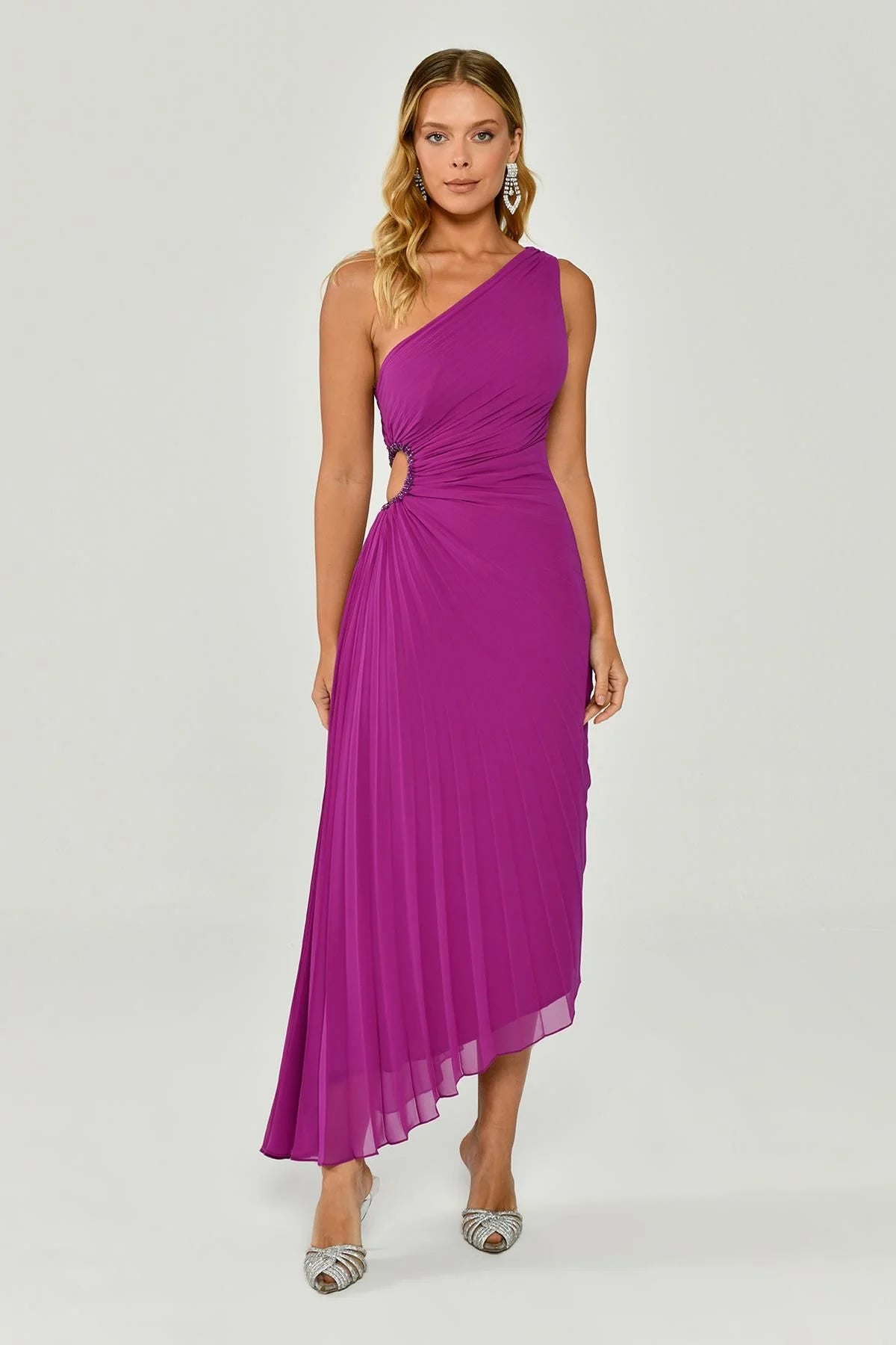 One Shoulder Low Waist Pleated Asymmetrical Cut Chiffon Midi Dress - Aurora Fashion