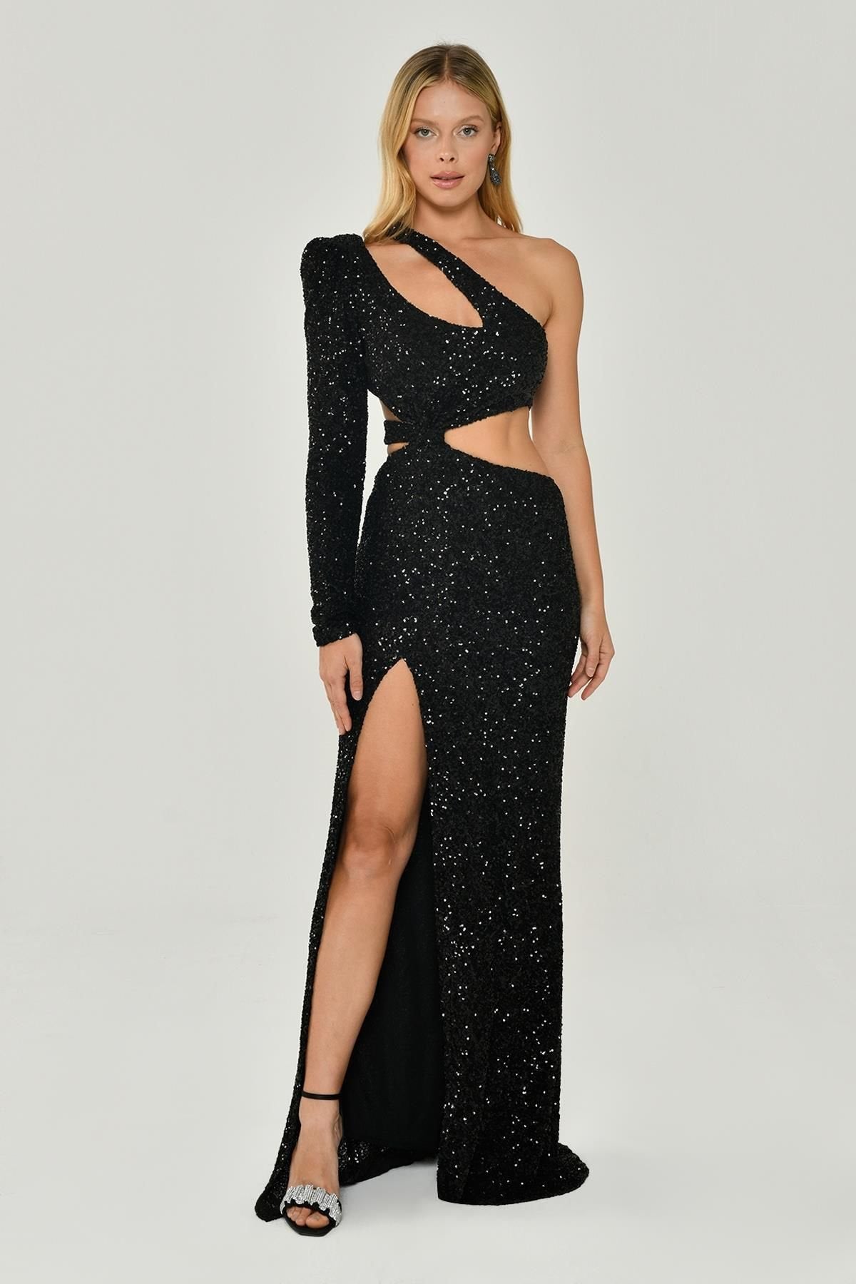 One Sleeve Front Slit Sequin Fabric Long Dress - Aurora Fashion