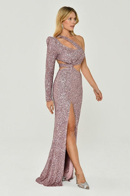 One Sleeve Front Slit Sequin Fabric Long Dress - Aurora Fashion