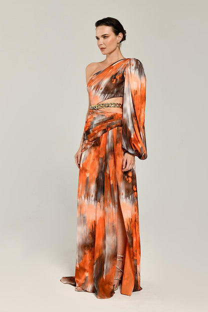 ONE SLEEVE WAIST CHAIN ACCESSORY PATTERNED LONG DRESS ORANGE PATTERN - Aurora Fashion