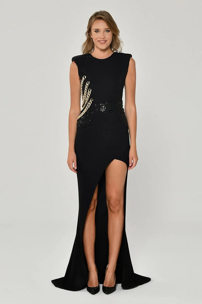 Padded shoulder Back Chain Accessory Long Dress - Aurora Fashion