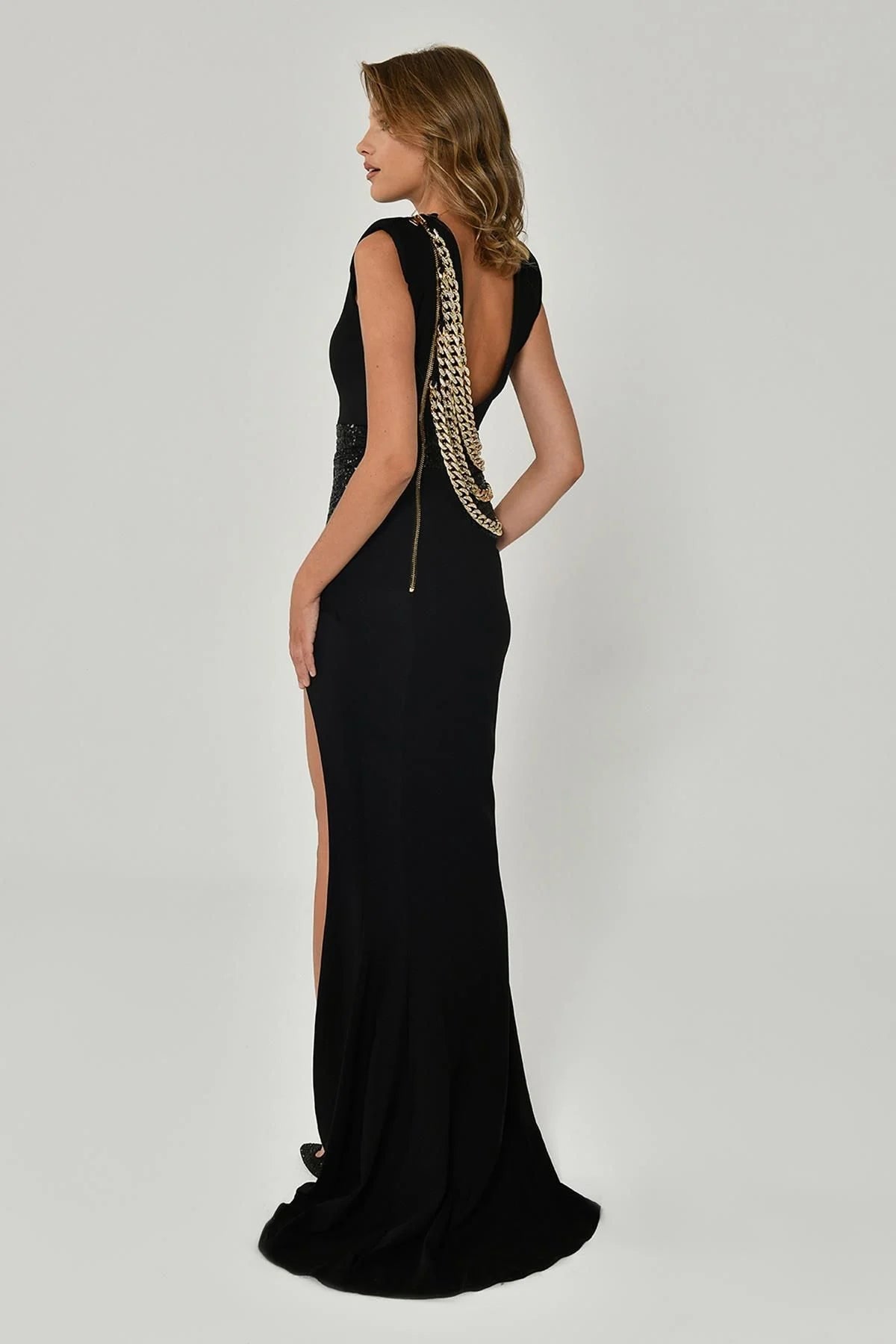 Padded shoulder Back Chain Accessory Long Dress - Aurora Fashion