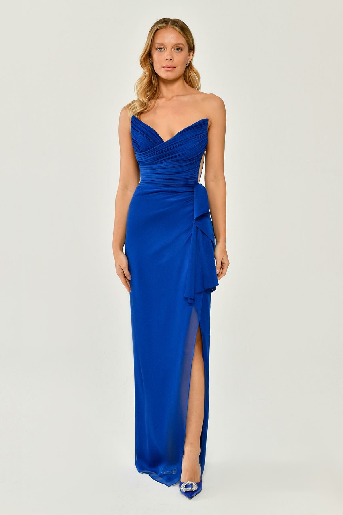 Plunging Neck, Stone Bra, Side Slit Satin Long Dress - Aurora Fashion