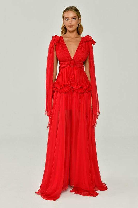 Shawl Sleeve Deep V-Neck Pleated Chiffon Long Dress