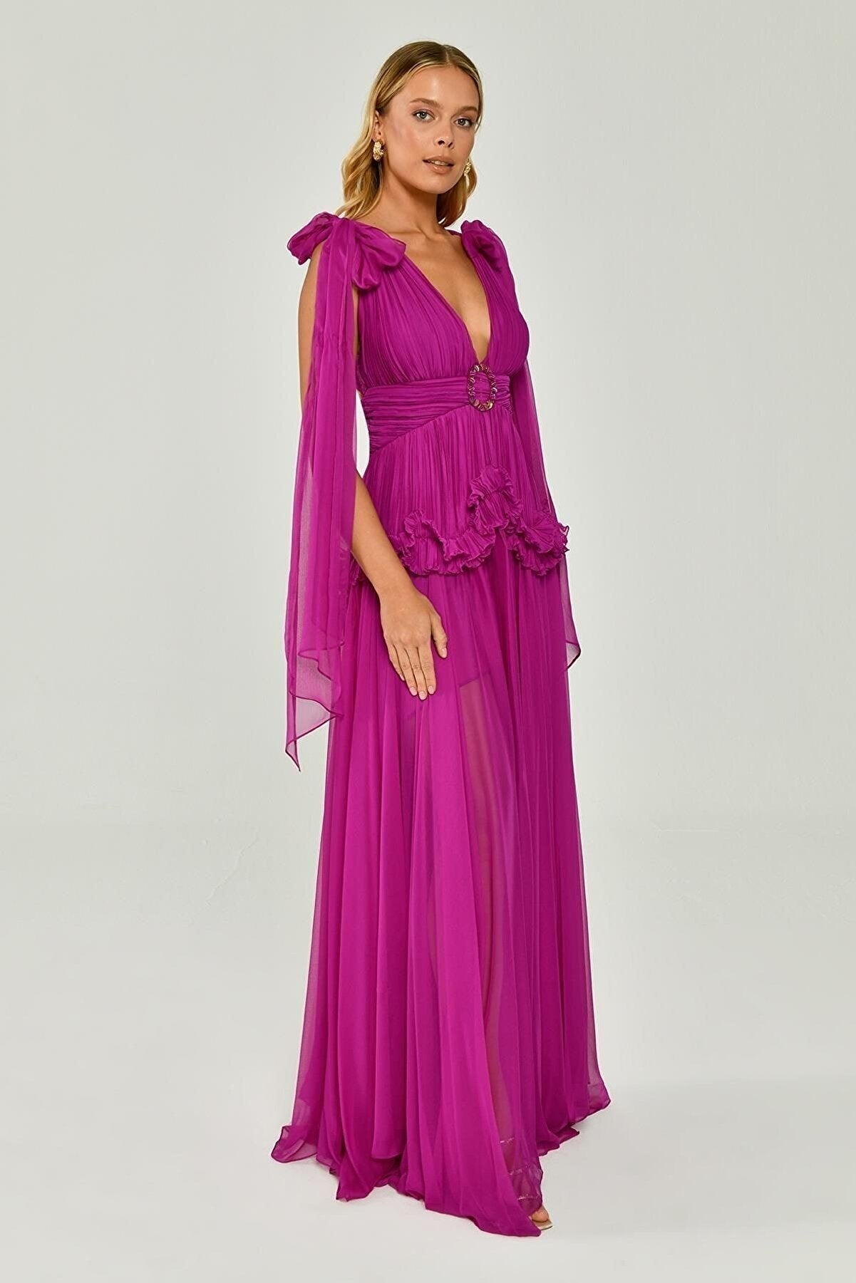 Shawl Sleeve Deep V - Neck Pleated Chiffon Long Dress - Aurora Fashion