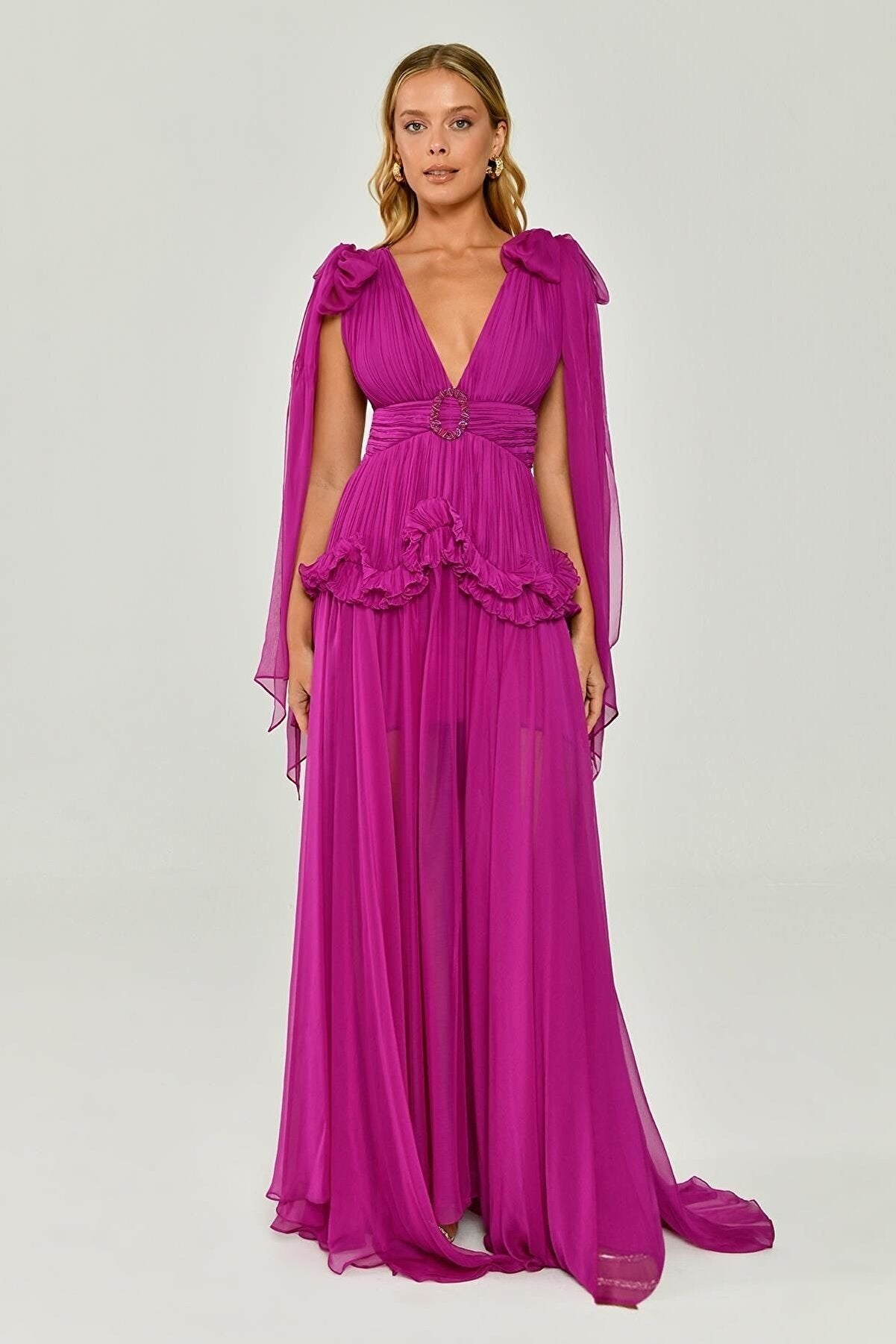 Shawl Sleeve Deep V - Neck Pleated Chiffon Long Dress - Aurora Fashion