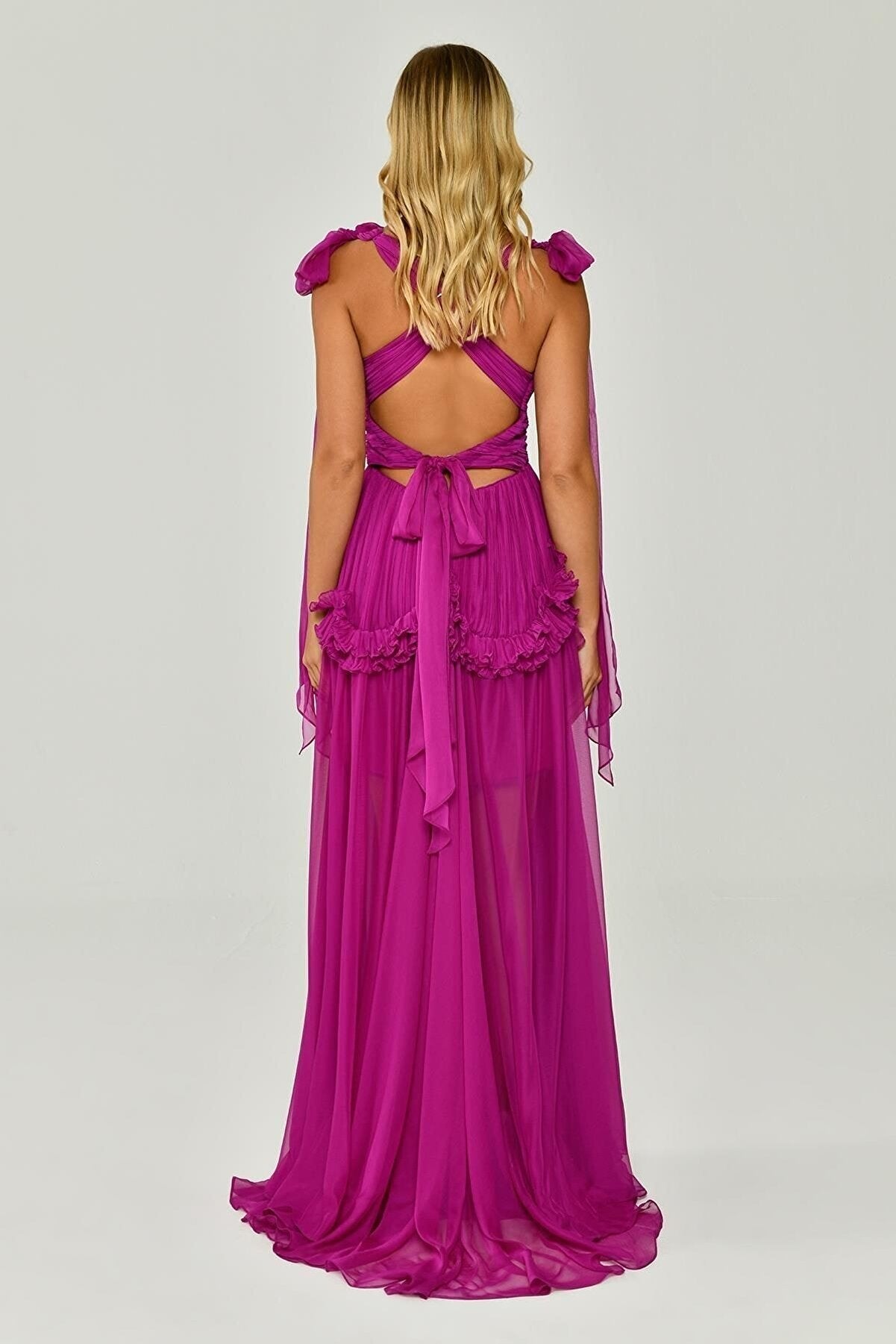 Shawl Sleeve Deep V - Neck Pleated Chiffon Long Dress - Aurora Fashion