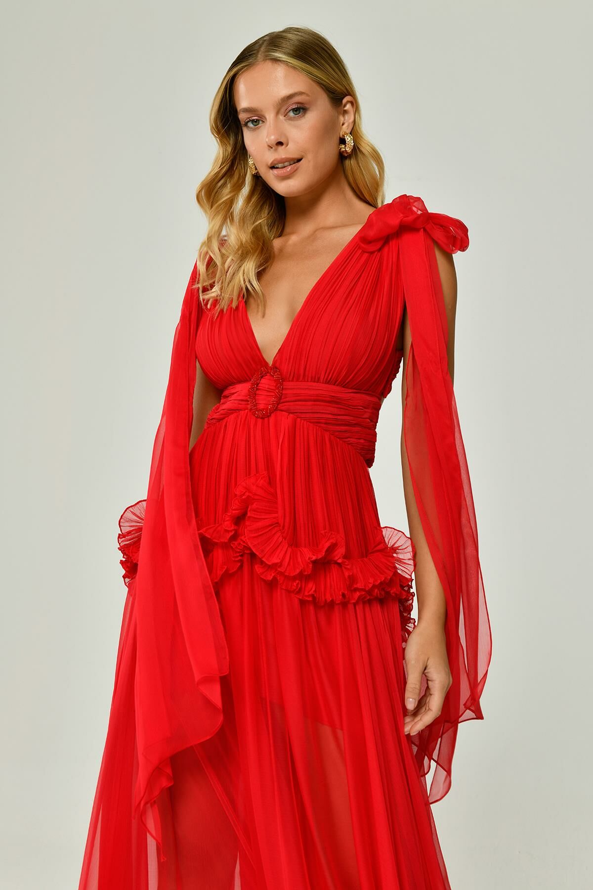 Shawl Sleeve Deep V - Neck Pleated Chiffon Long Dress - Aurora Fashion